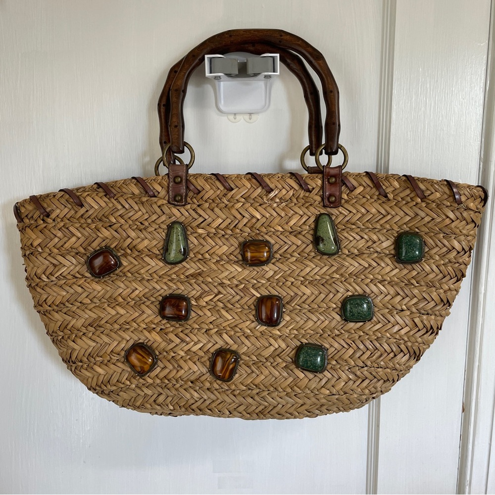 Nine West Artisan Woven‎ Natural Straw Tote Bag with Brown and Green Accents
